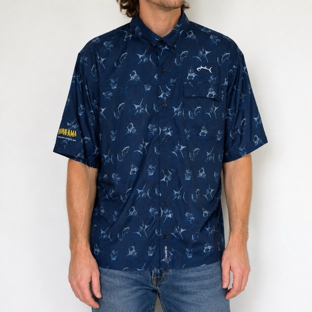 Bluefin x Flora-Bama Mens L Marlin Fishing Shirt Button Up Performance Navy Blue